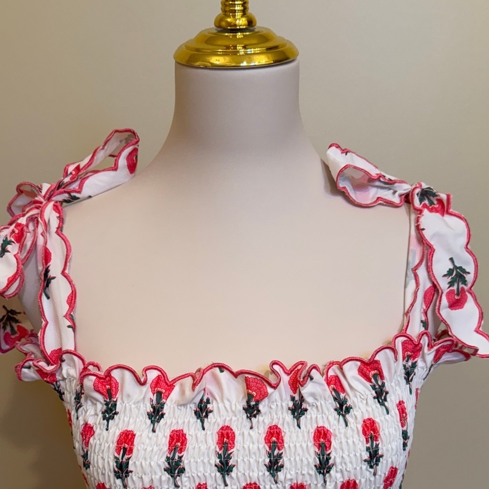 Pink Floral Smocked Maxi Dress Tie Straps Cottagecore Boho M - Picture 3 of 8